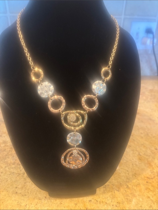 Jewelry - Two-Tone Statement Necklace with Clear Crystal Accents